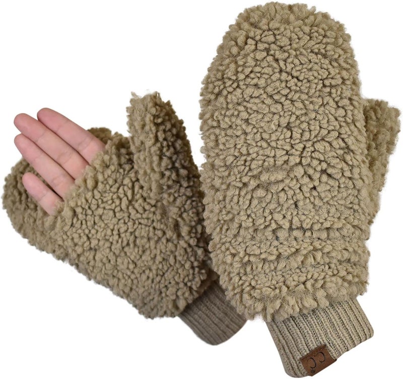 Cc Women's Faux Fur Wrist Length Fingerless Sherpa Lined Convertible Mittens Gloves - Image 2
